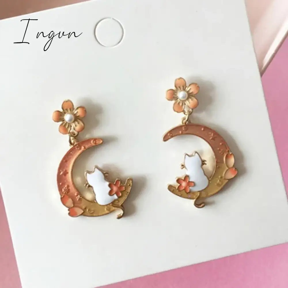 Korean Style Flower Cute Animal Dangle Earrings For Women Moon Stars Kitten Rabbit Balloon Asymmetric Earring Party Jewelry Gift