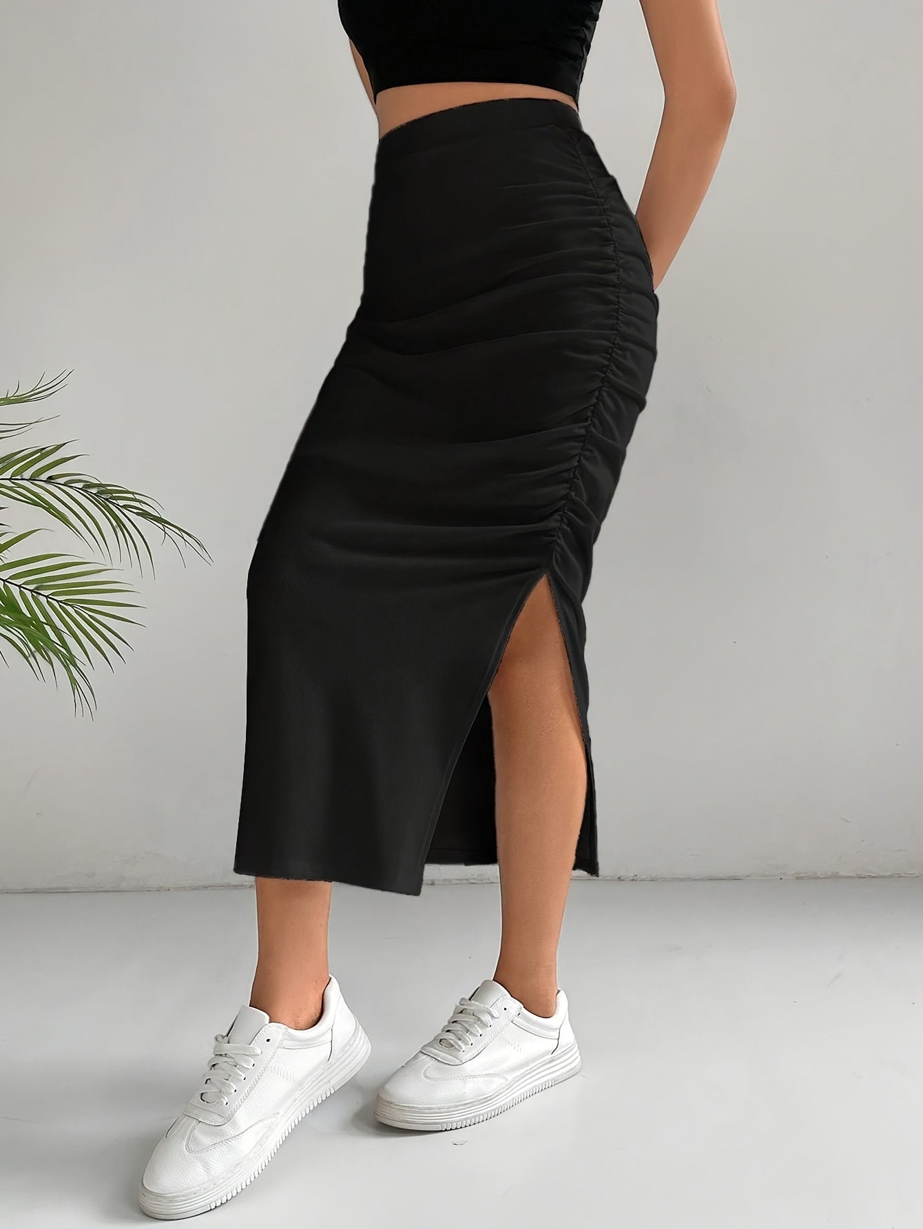 Elegant High-Waist Bodycon Midi Skirt with Chic Split - Durable & Stretch, Perfect for Multi-Season Style