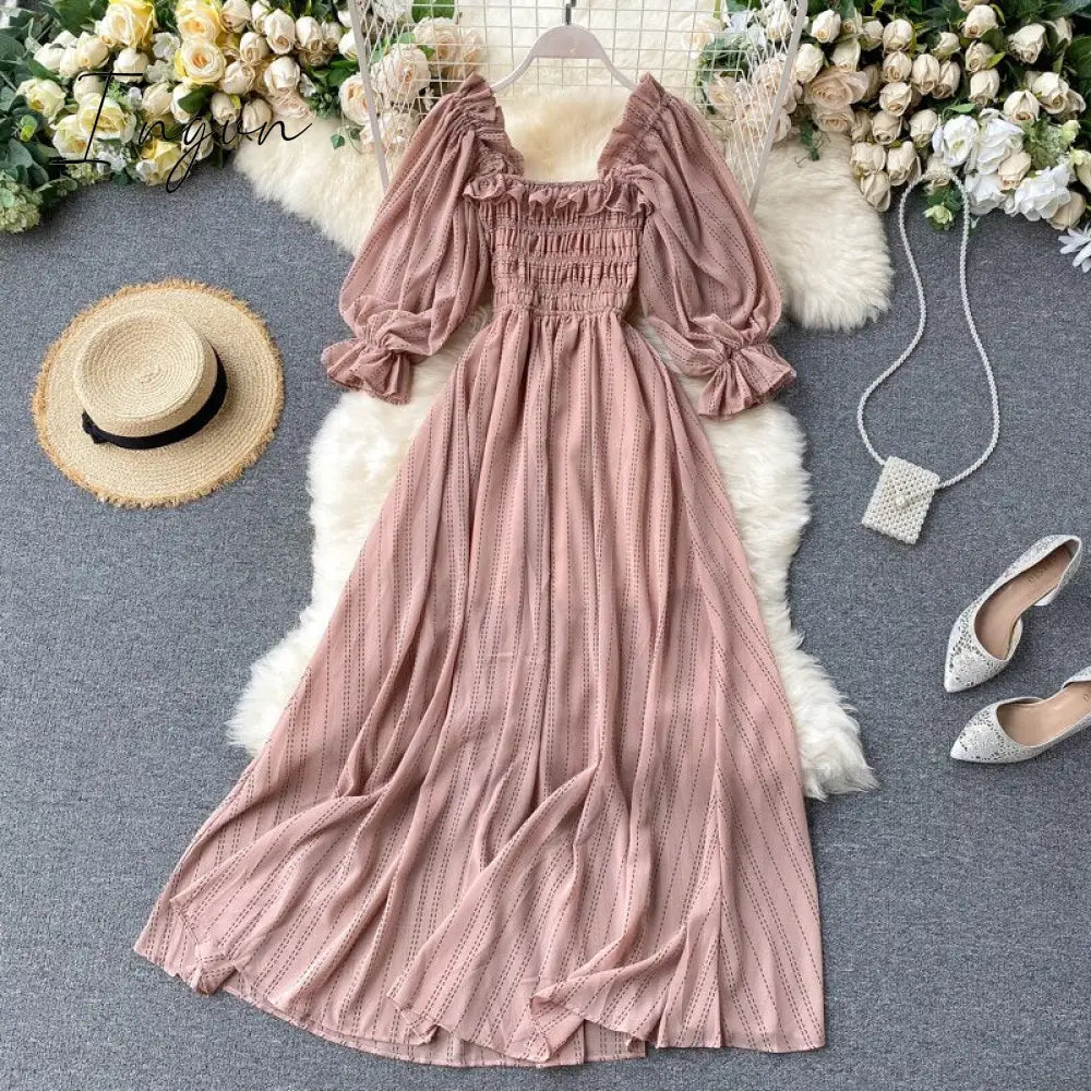 Ingvn - Summer Beach Chiffon Long Dress Elegant Solid Lantern Sleeve High Waist Women Maxi Dress Party Club Ladies Vestidos New