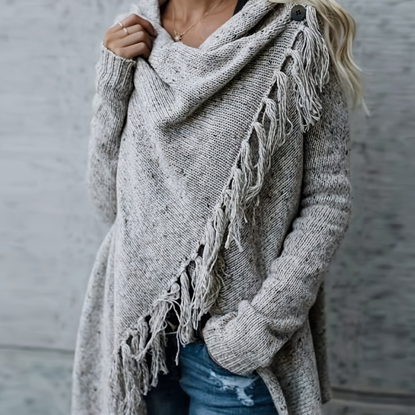 Stylish Fringe Hem Poncho Cardigan - Women's Elegant Long Sleeve Cross Hem Cardigan for Fall & Winter - Soft, Cozy, and Versatile Winter Wear with Button Front and Chic Design