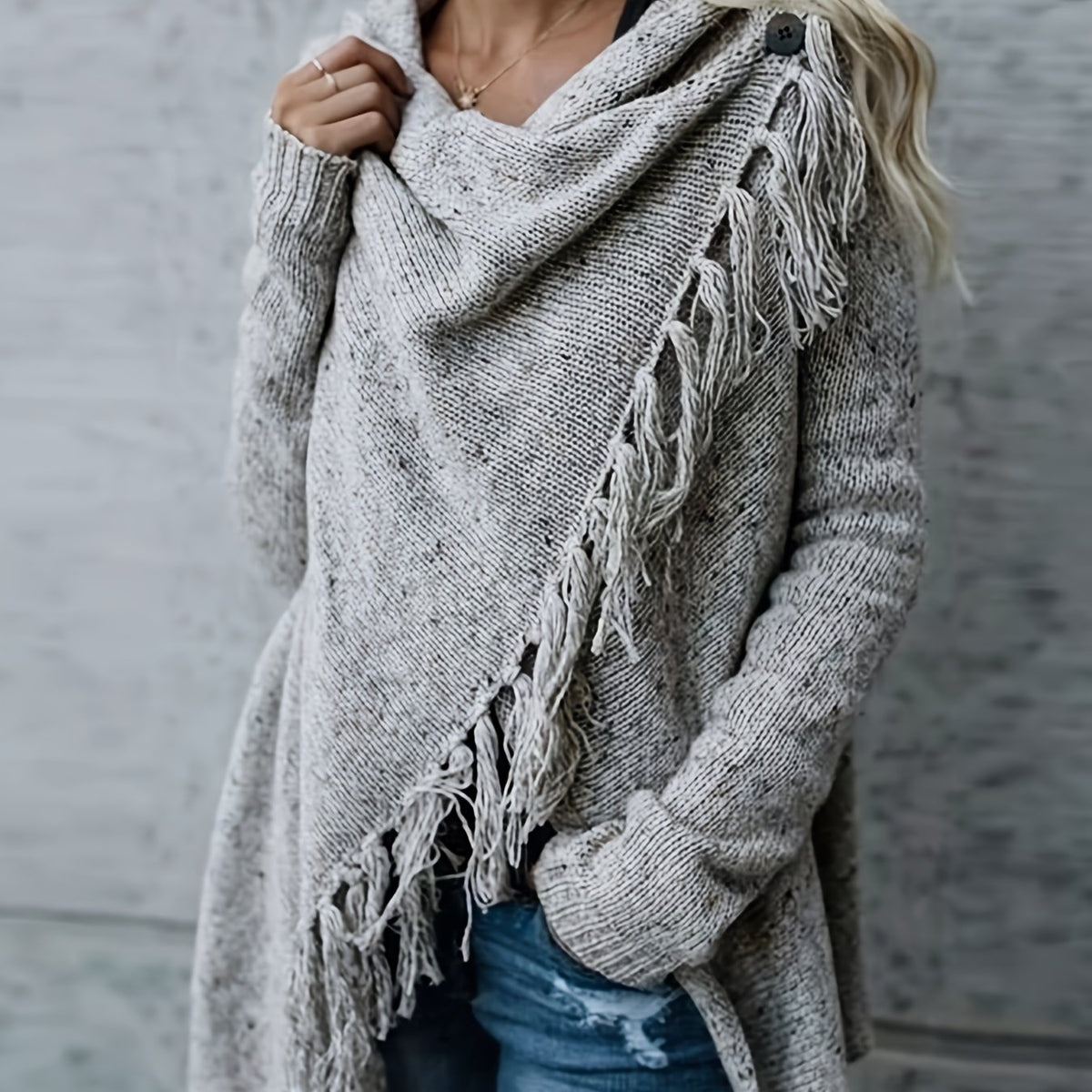 Stylish Fringe Hem Poncho Cardigan - Women's Elegant Long Sleeve Cross Hem Cardigan for Fall & Winter - Soft, Cozy, and Versatile Winter Wear with Button Front and Chic Design