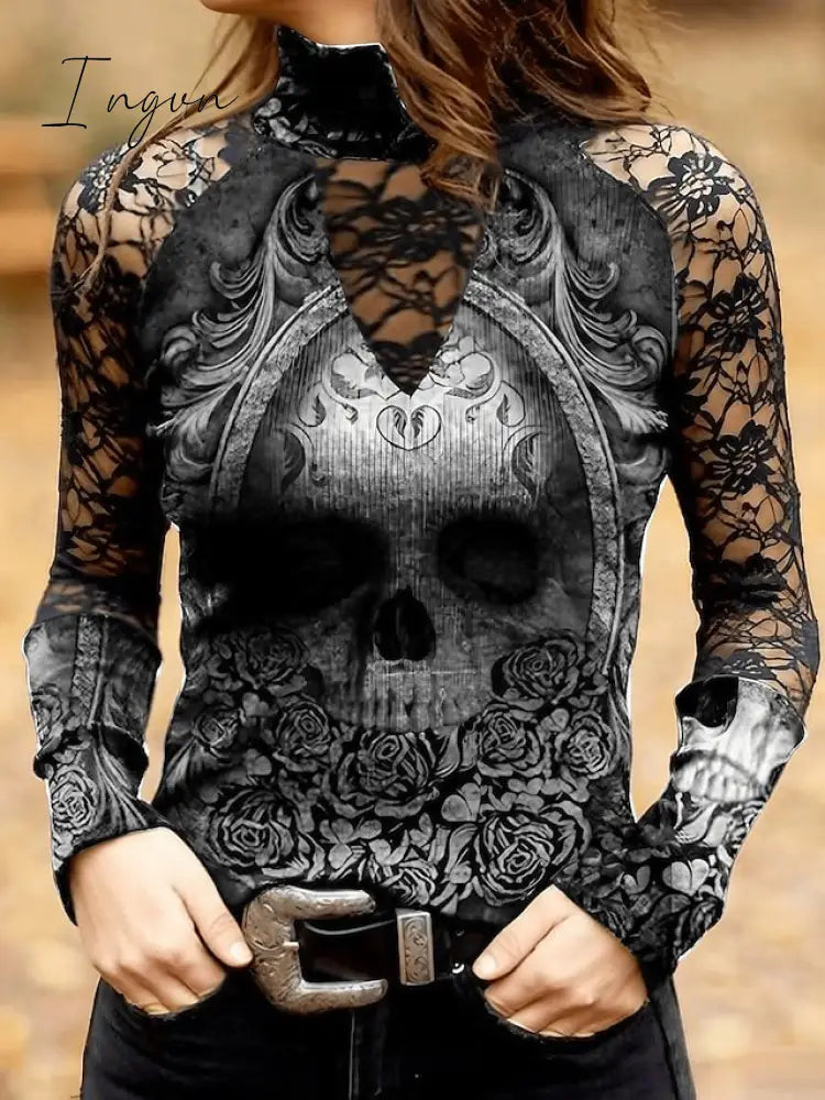 Ingvn - Women's T shirt Tee Black Skull Lace Print Long Sleeve Halloween Weekend Basic High Neck Regular Painting S
