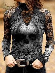 Ingvn - Women's T shirt Tee Black Skull Lace Print Long Sleeve Halloween Weekend Basic High Neck Regular Painting S