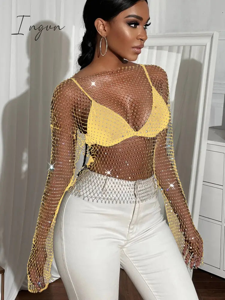 Ingvn - Sexy see through mesh Rhinestone tank top women summer shiny club party crop top long sleeve beach cover up fishnet tops t shirt