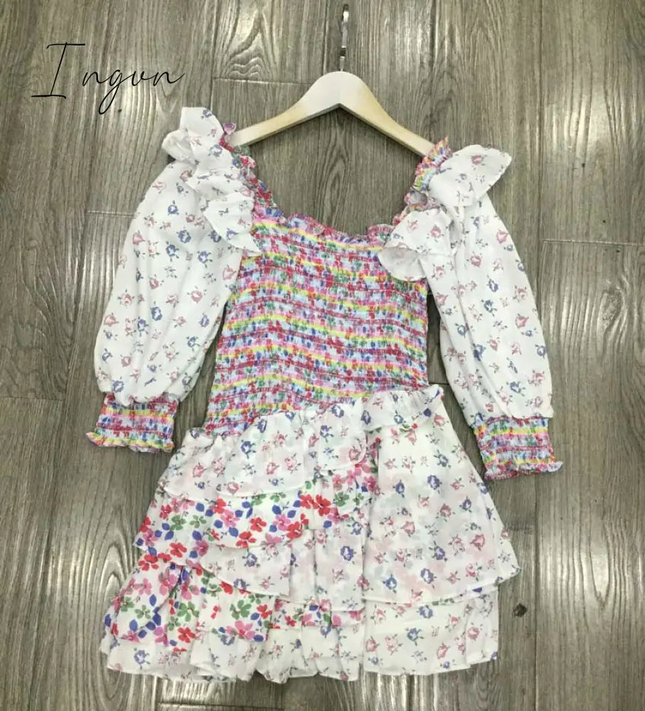Ingvn - Inspired mixed floral prints ruffled party dress puff sleeve square neck smocked sexy laides dress mini chic summer dress