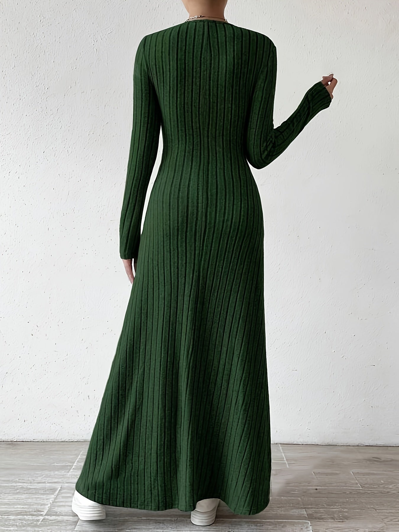 Long Sleeve Ankle Ribbed Crew Neck Sweater Dress for Fall & Winter, Elegant Women's Clothing
