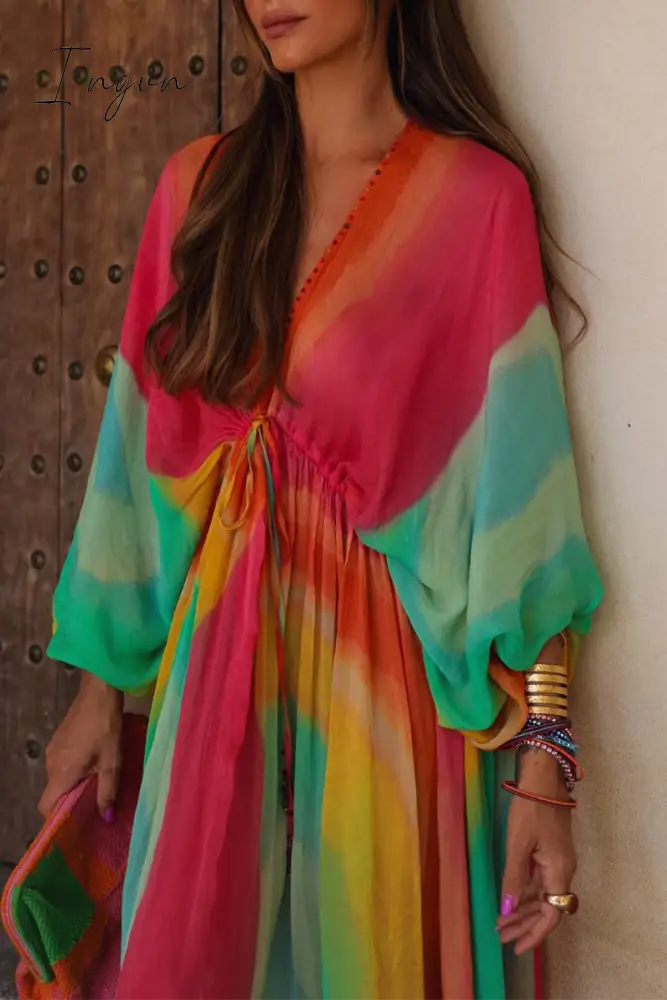 Ingvn - Elegant Gradual Change Contrast V Neck Dresses