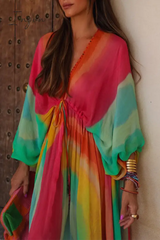 Ingvn - Elegant Gradual Change Contrast V Neck Dresses