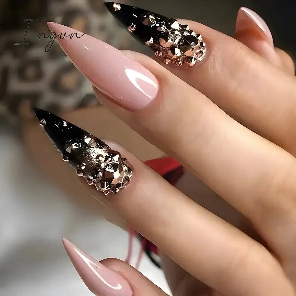 24Pcs 3D Long Almond False Nails Red Nude Ballet Stiletto Wearable Fake Nails MilkTea Color Jelly Full Cover Press On Nail Tips