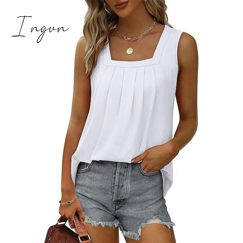 Ingvn - Women's Tank Pleated Solid / Plain Color Basic Square Neck Sleeveless Summer Wine Red Black White Light Green Pink
