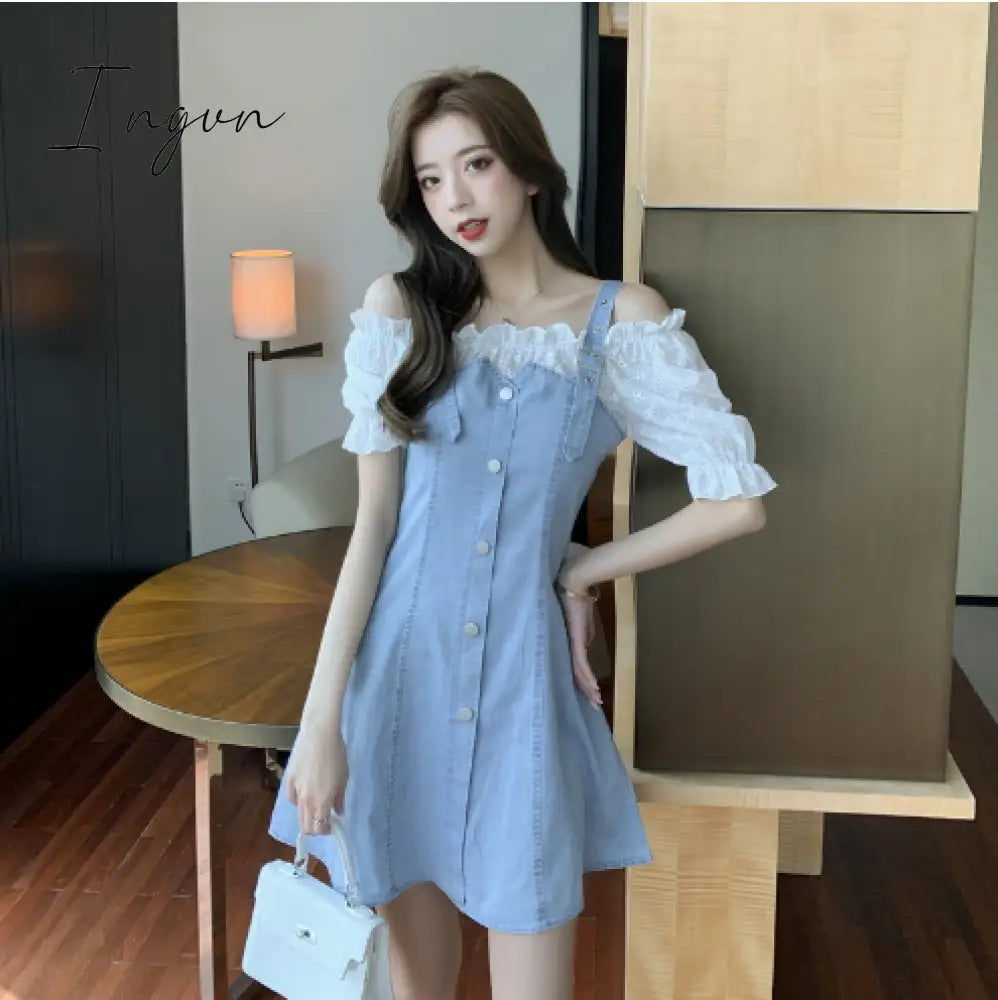 Ingvn - Denim Dress Fashion Lantern Sleeve Woman Dresses Clothes Gauze Patchwork Vestidos Ruffles Korean Off Shoulder Robe