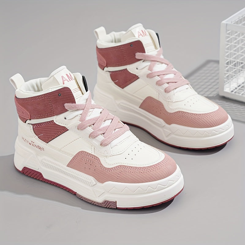 Trendy Women's High-Top Sneakers - Versatile White, Lace-Up Casual Shoes with Thick Sole, Breathable PU Cover & Comfort Fabric