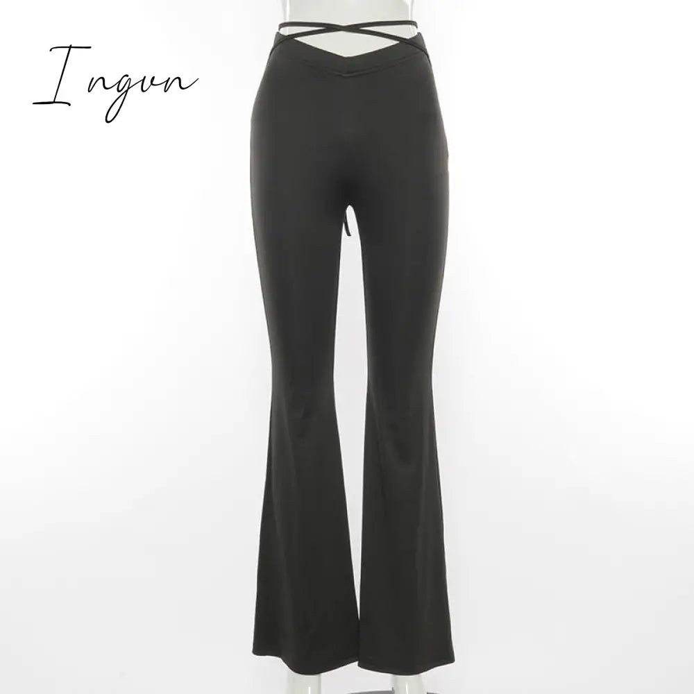 Ingvn - Fashion Trends Cyber Y2k Flare Pants E Girl Style Sexy Strechy Trousers Women Lace Up V Waist Low Rise Harajuku Black Pants C85-BB22