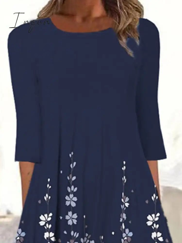 Ingvn - Women's Casual Dress Shift Dress Midi Dress Navy Blue 3/4 Length Sleeve Floral Ruched Summer Spring Crew Neck Basic Vacation Fall Dress Summer Dress 2023 S M L XL XXL 3XL