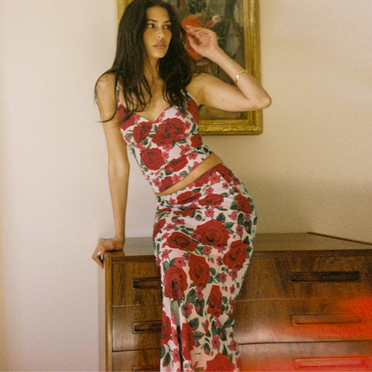 Pphmm outfit inspo Autumn New Fashion Style Floral Print V-neck Small Strap Sheath Close-Fitting Dress for Women Suit