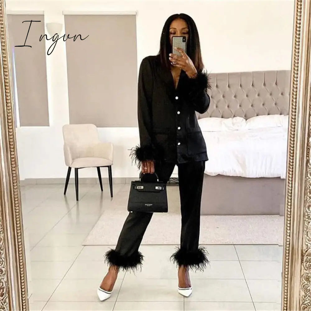 Ingvn - Trendy Women Pajamas Set Autumn Casual Lapel Tops + Feather Pants Suits Sexy Lingerie Nightwear Silk Satin Pyjamas pjs Suit 2Pcs