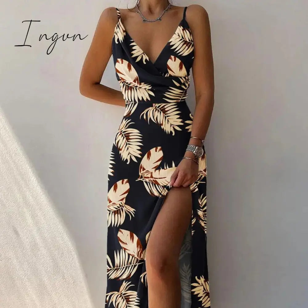 Ingvn - Sexy High Split Up Long Dress For Women Summer Print Party Dress Sleeveless Slip V Neck Elegant Dresses Ladies Evening Robe