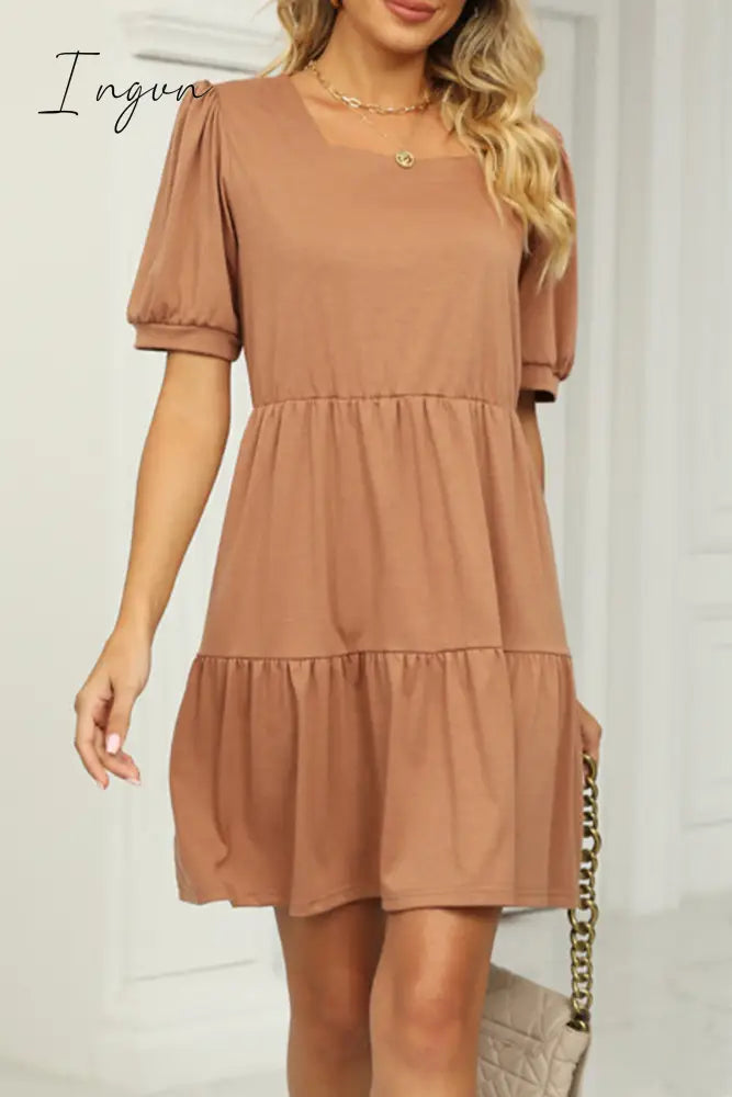 Ingvn - Casual Solid Fold Square Collar A Line Dresses