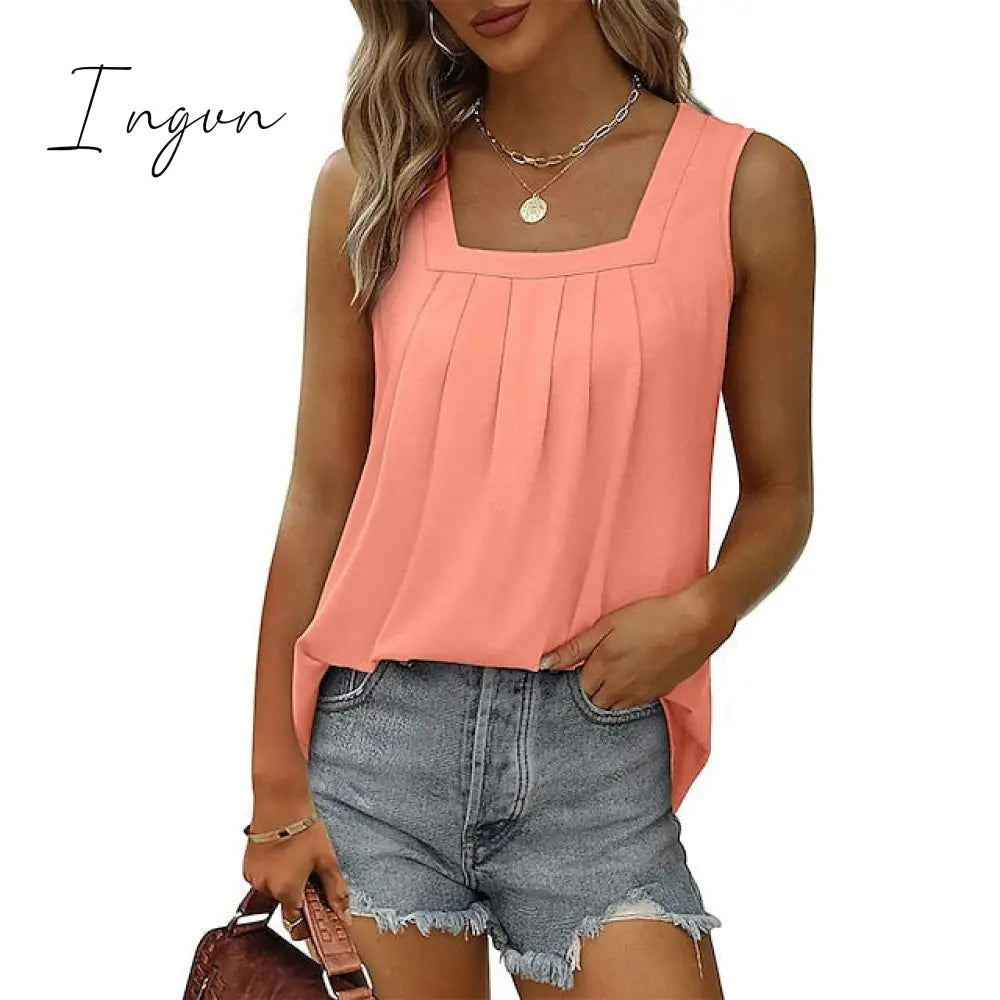 Ingvn - Women's Tank Pleated Solid / Plain Color Basic Square Neck Sleeveless Summer Wine Red Black White Light Green Pink