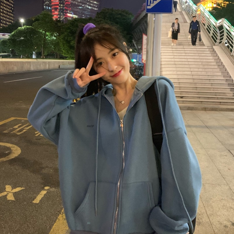 VOGUABLE  Women Hoodies Harajuku Korean Version Zip Up Loose Oversized Sweatshirts Casual Solid Color Long Sleeve Hooded Sweatshirt Coats