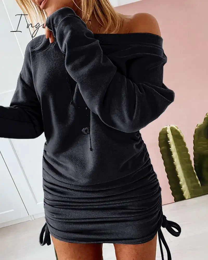 Ingvn - Women Sexy Mini Dress Casual Ruffled Drawstring Solid Pencil Dress Autumn Long Sleeve Off Shoulder Pullovers Ladies Slim Dress