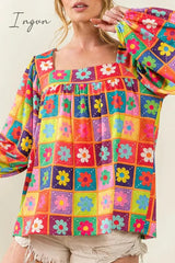 Ingvn - Casual Print Contrast Square Collar Tops