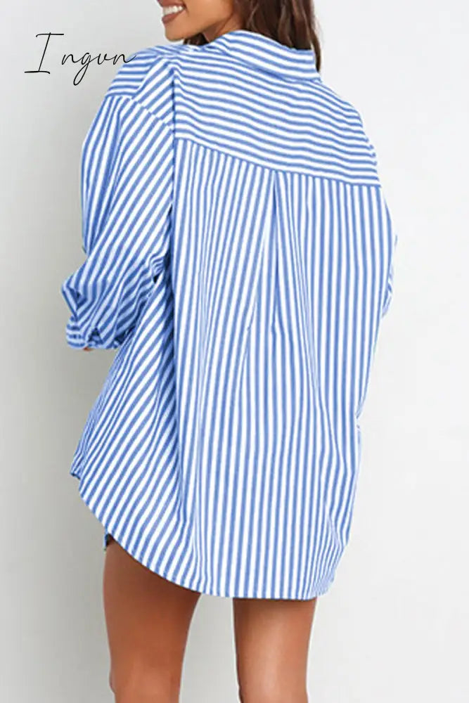 Ingvn - Casual Daily Striped Frenulum Turndown Collar Long Sleeve Two Pieces