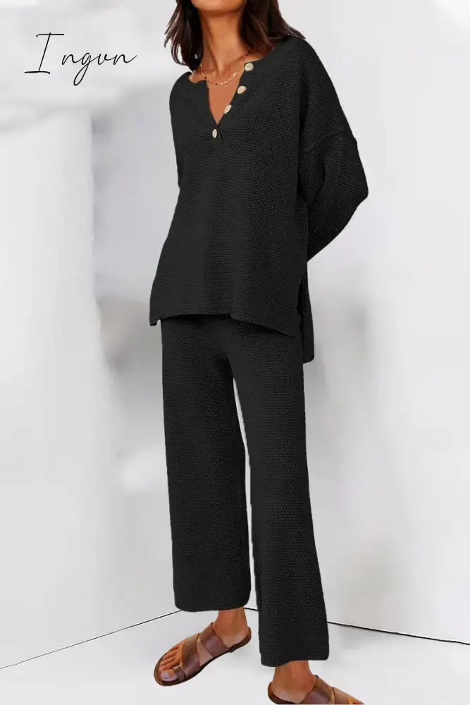 Ingvn - Simplicity Solid Buttons O Neck Long Sleeve Two Pieces