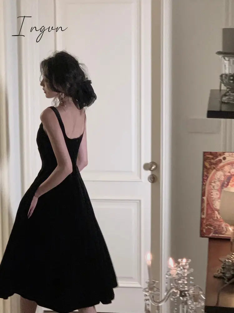 Ingvn - Summer New Elegant Spaghetti Strap Velvet Vintage Black Dress Women Sexy Prom Evening Party Fashion Clothing