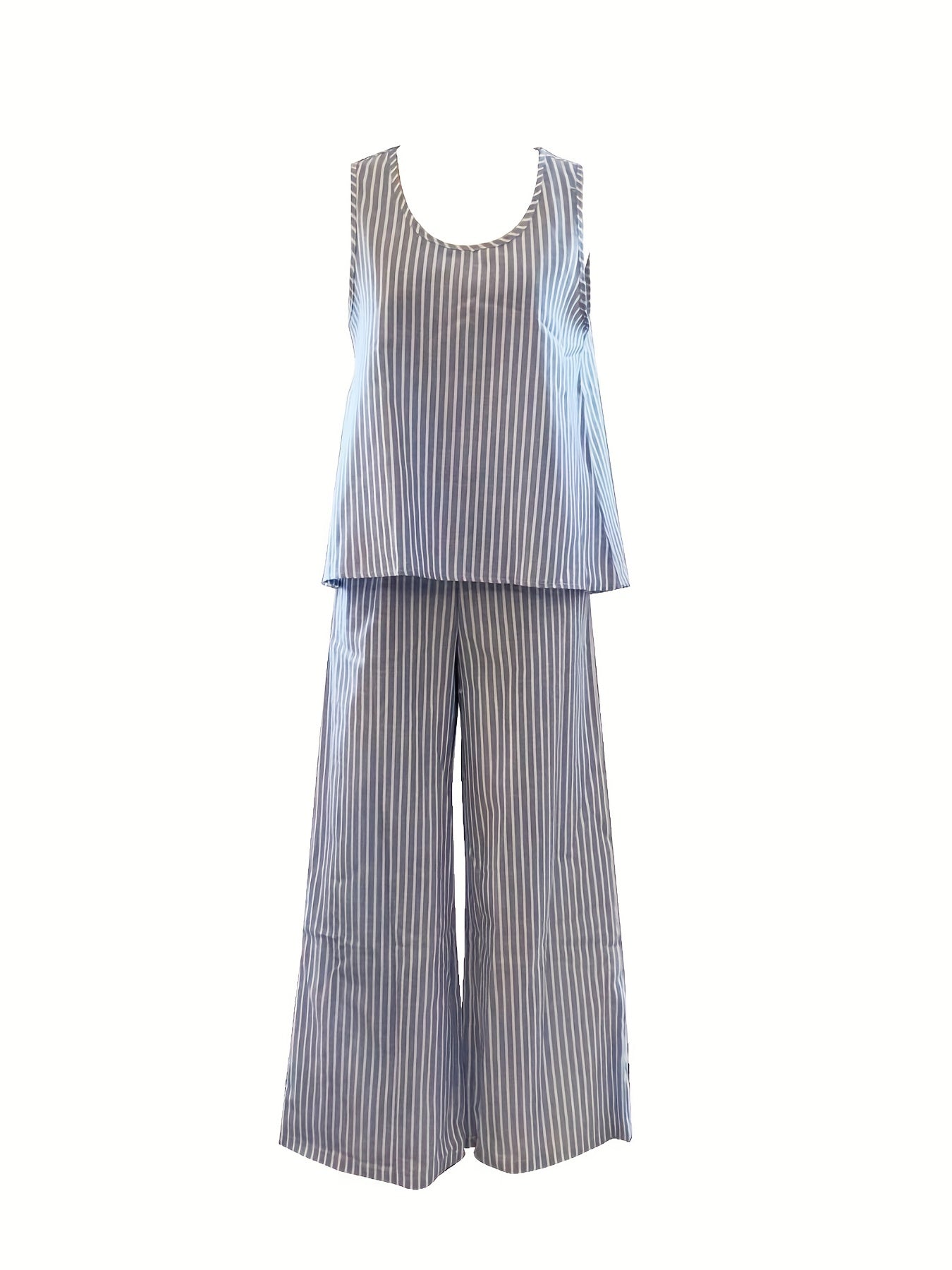 Stripe Print Matching Two-piece Set, Casual Crew Neck Tank Top & Wide Leg Pants Outfits, Women's Clothing