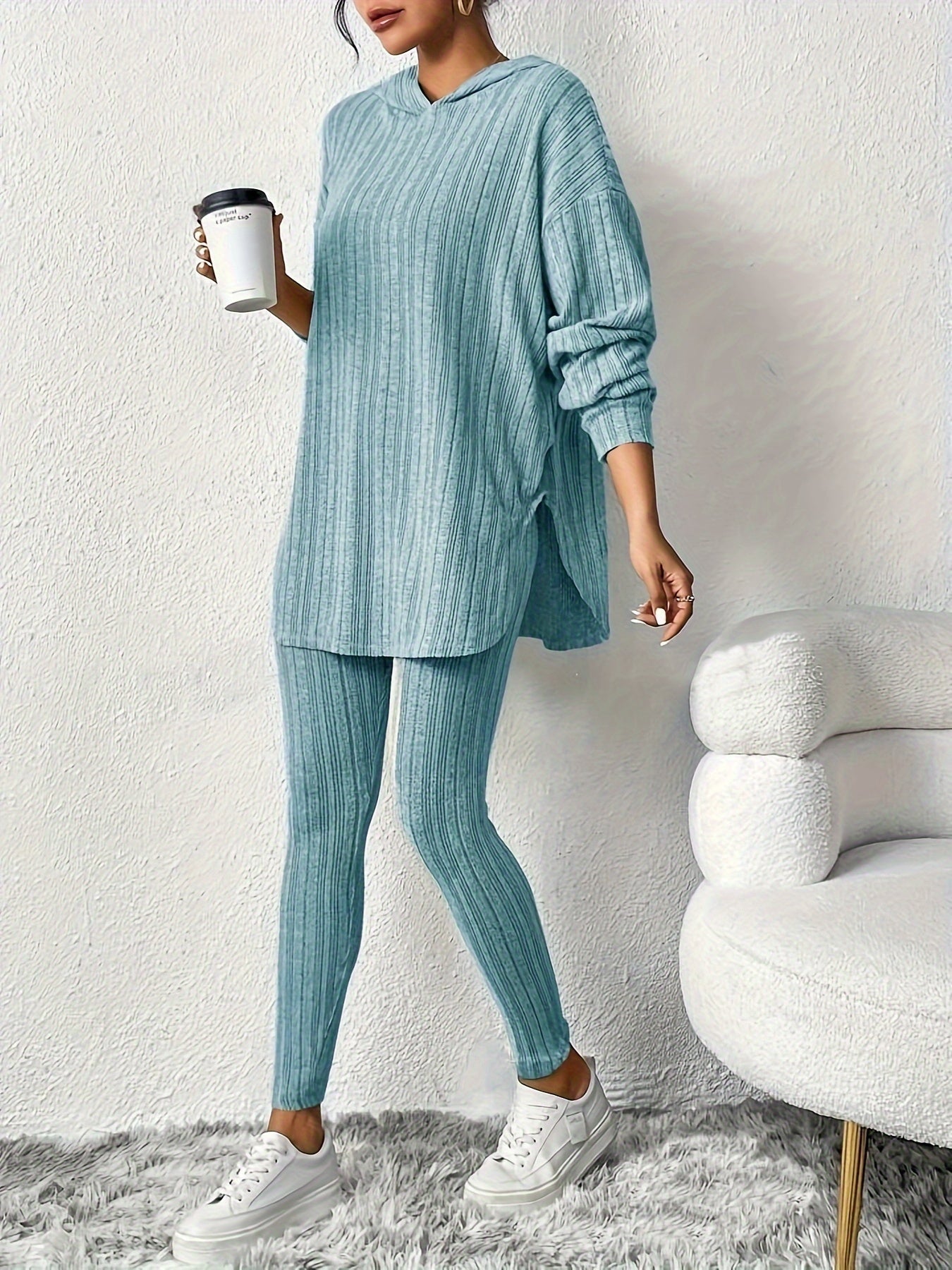 Sleek Duo, Elegant Solid Color Ribbed Hoodie & Leggings Set for Women - Long Sleeve, Polyester Blend, Machine Washable - Perfect for Spring/Fall