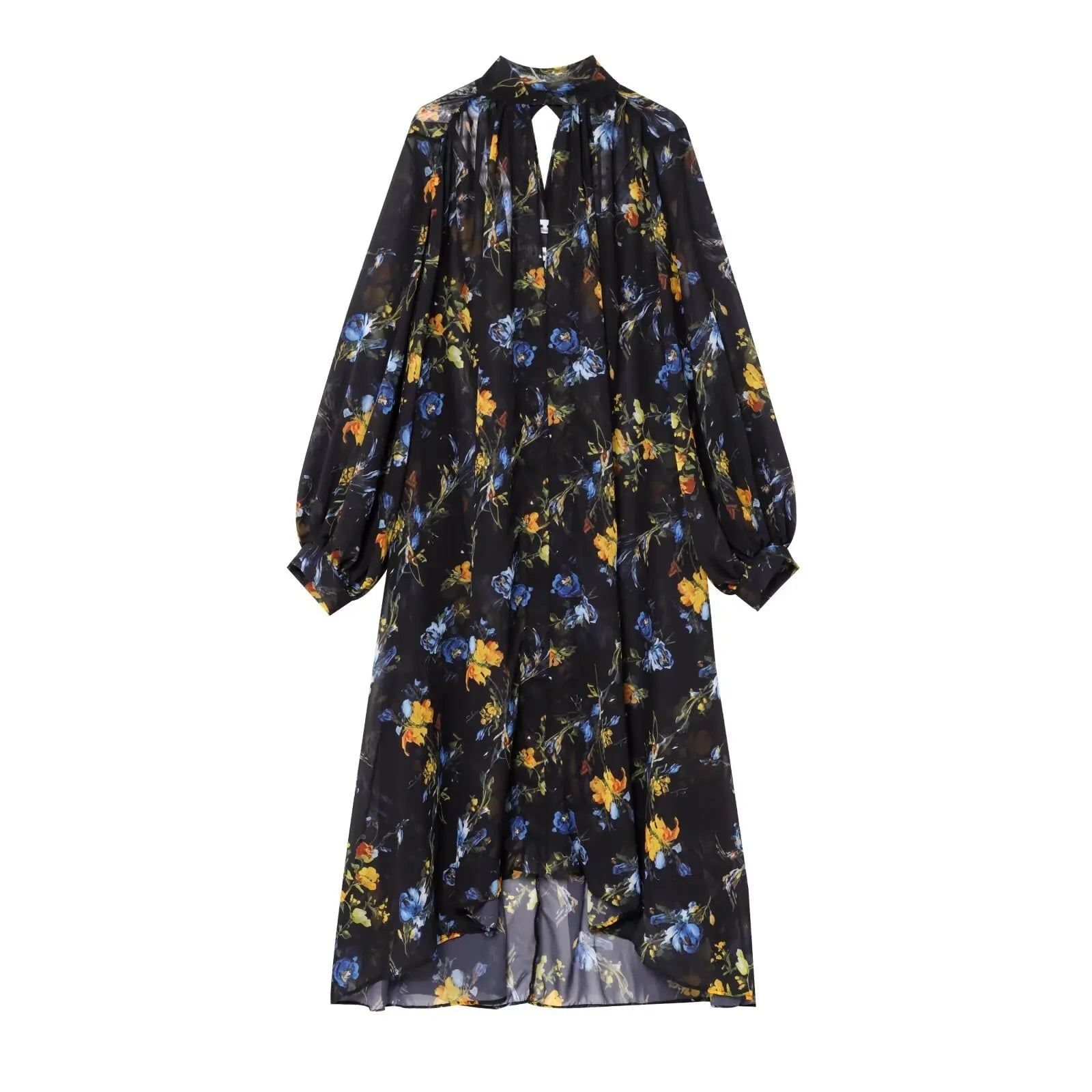 Floral Print Loose Midi Long Dresses Women Turtleneck Lantern Sleeve Boho Vestidos Spring Summer Lady Vacation Dress