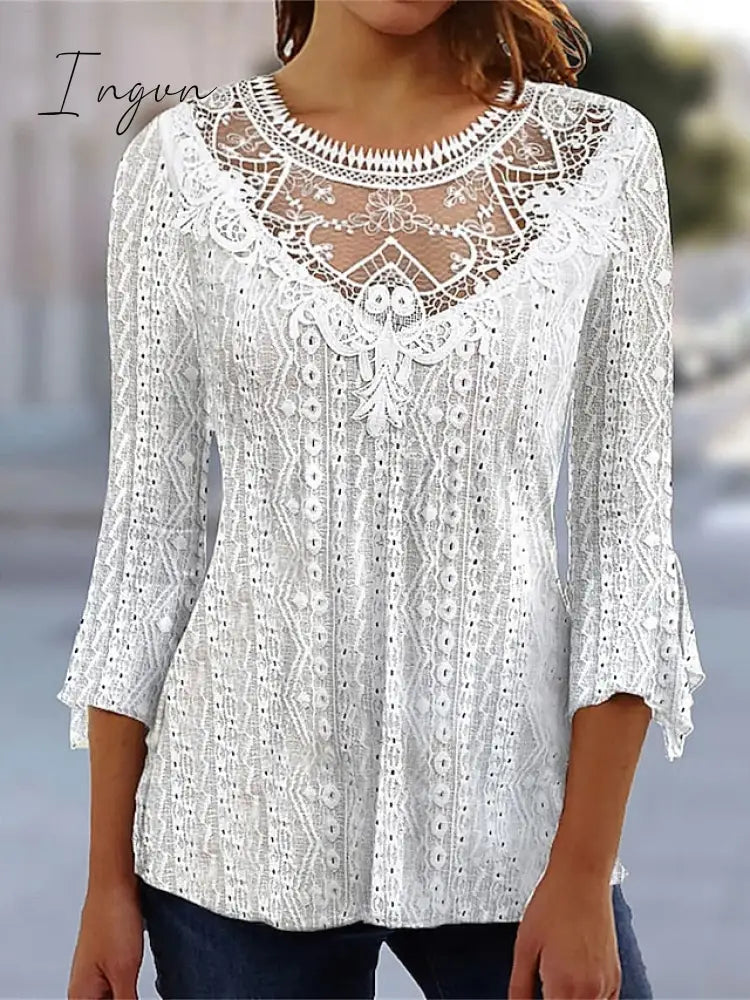 Ingvn - Women's Shirt Blouse Black White Pink Plain Lace 3/4 Length Sleeve Casual Basic Round Neck Regular S