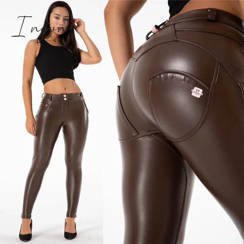 Ingvn - Melody Brown Leather Pants Vintage Trausers Women Leggings Pvc Sexy Comfortable Moto Work Pants Woman Vinyl Trousers