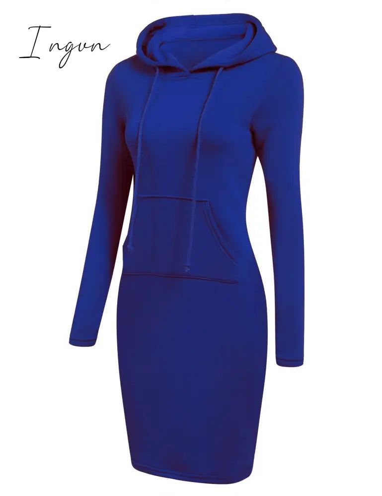 Ingvn - Autumn And Winter Hoodie Dress Elegant Long Sleeve Pocket Combining Casual Women's Midi Dresses