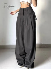 Ingvn - Shirring Casual Wide Leg Pants Women High Waist Street Basic Loose Sweat Trousers Korean Retro Gray Office Lady Pants