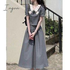 Ingvn - Summer Retro Two Piece Women Skirt Sets Sweet Outifits Puff Sleeve Crop Top+A Line Midi Skirts Korean Fashion Hepburn Dress Suit
