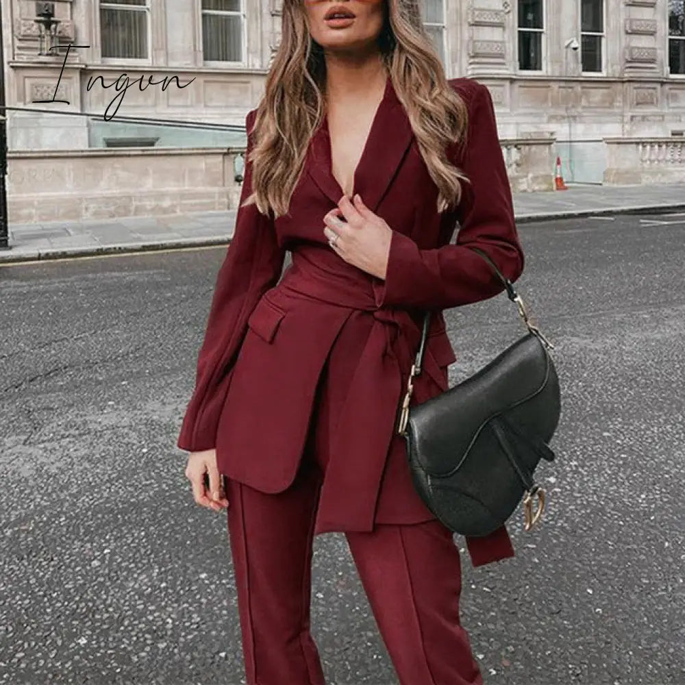 Ingvn - New Women's Blazer Pantsuit Office Ladies Solid Casual Business Two Piece Sets Female Fashion Trousers Suit Clothing