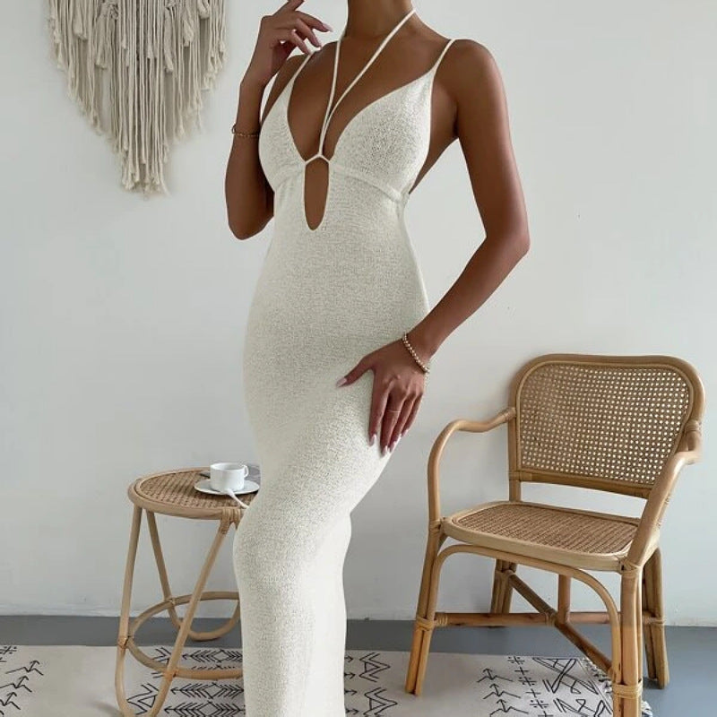 Women's Pure Desire Sexy Hollow Strap Neck Strap Stitching dress Long Dress