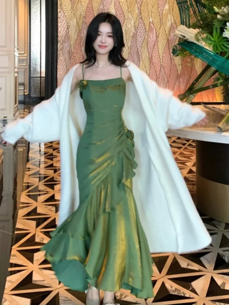 Elegant Spaghetti Strap Ruffles Mermaid Dress for Women Autumn Chic Prom Robe Korean Knitted Long Coat Evening Party Dresses New