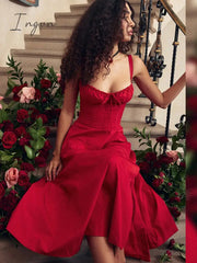 Ingvn - suninheart Elegant  A Line Midi Dress Sexy Spaghetti Strap Lace Up Red Holiday Party Dresses Split Summer Dresses Women 2023