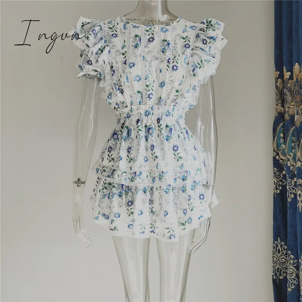 Ingvn - New Arrival Summer Short Sleeve Natasha Mini Dress Women Ruffled A-line Dress Blue Print