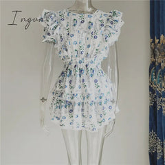Ingvn - New Arrival Summer Short Sleeve Natasha Mini Dress Women Ruffled A-line Dress Blue Print