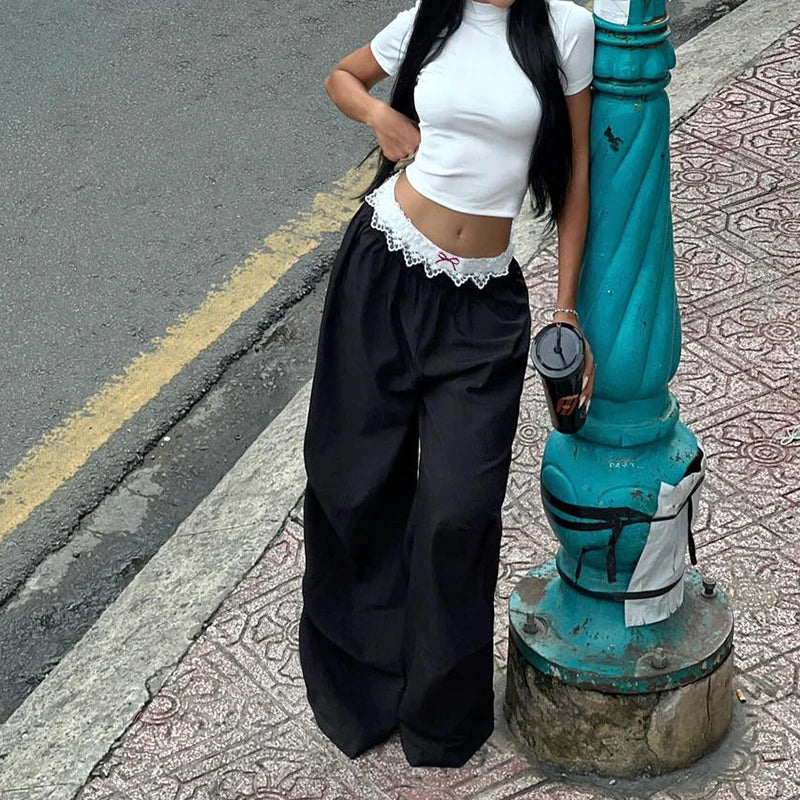 Contrast Lace Stitching Wide Leg Pants Streetwear y2k Low Rise Loose Black Trousers for Women Korean Fashion Baggy Capris