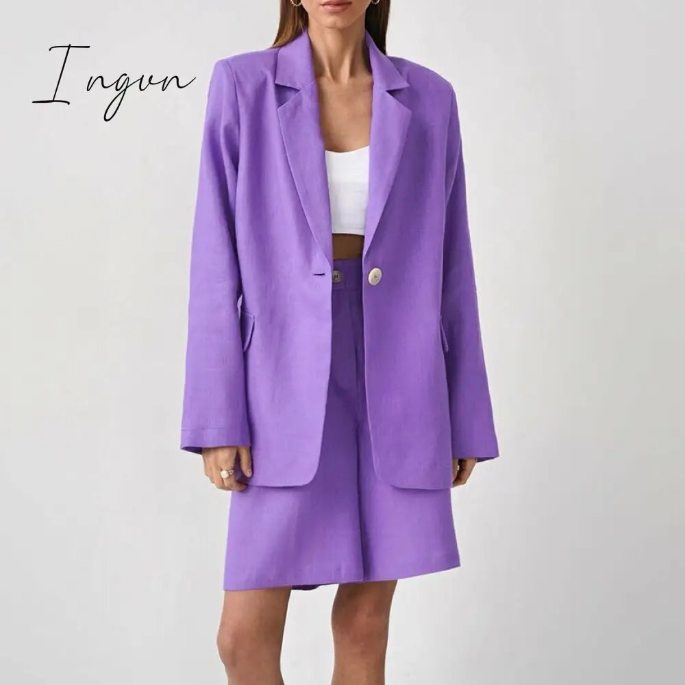 Ingvn - Fashion Trends Office Cotton Linen Outfit Spring Autumn Notched Loose Long Sleeve Blazer Fashion Lady Women Suits High Waist Shorts Sets