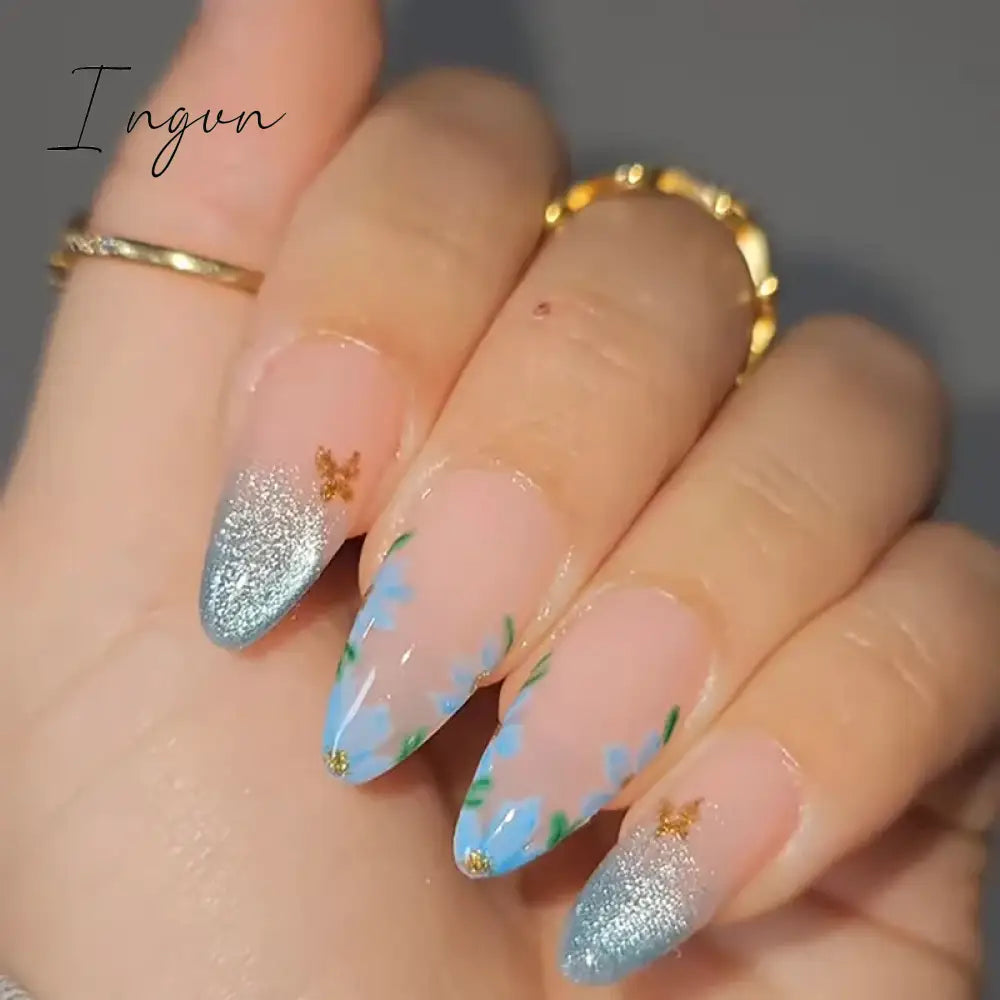 24pcs Short Glitter Purple False Nails  Almond Stiletto French Wearable Fake Nails Art Artificial Full Cover Press on Nail Tips