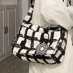 Ingvn  Canvas Fashion Womens Shoulder Bag Plaid Graffiti Large Capacity Casual Crossbody Bag College Style Fashion Female Handbag
