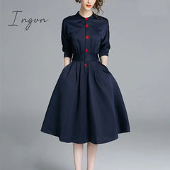 Ingvn - Elegant single-breasted shirt dress women fashion long-sleeved button office ladies shirts tunic dress female women dress