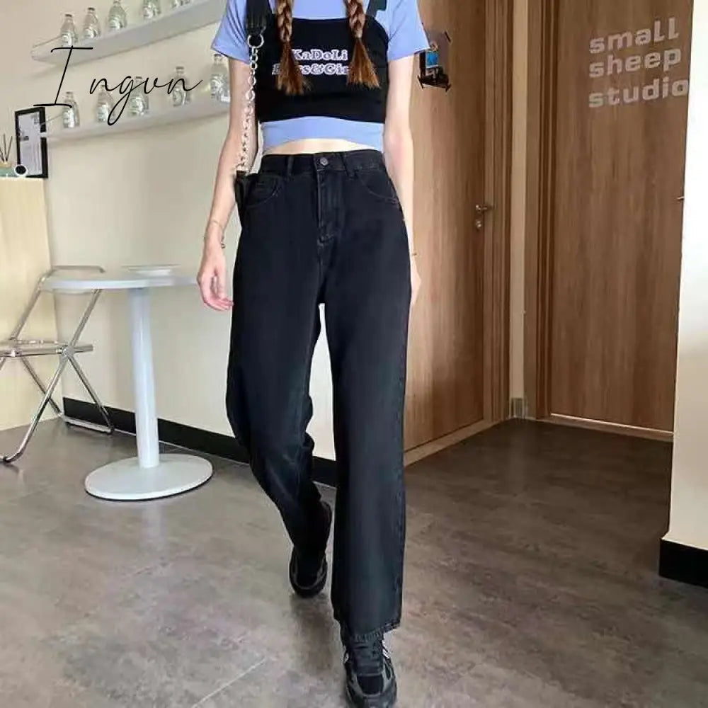 Ingvn - Spring Y2K European and American street simple printing low-waist button jeans women casual loose and thin wide-leg straight-leg pants