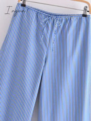 Ingvn - Fashion Striped Women's Pants 2023 Summer Wide Leg Pants Women Casual Loose Trousers Ladies Low Waist Lace Up Pant New In